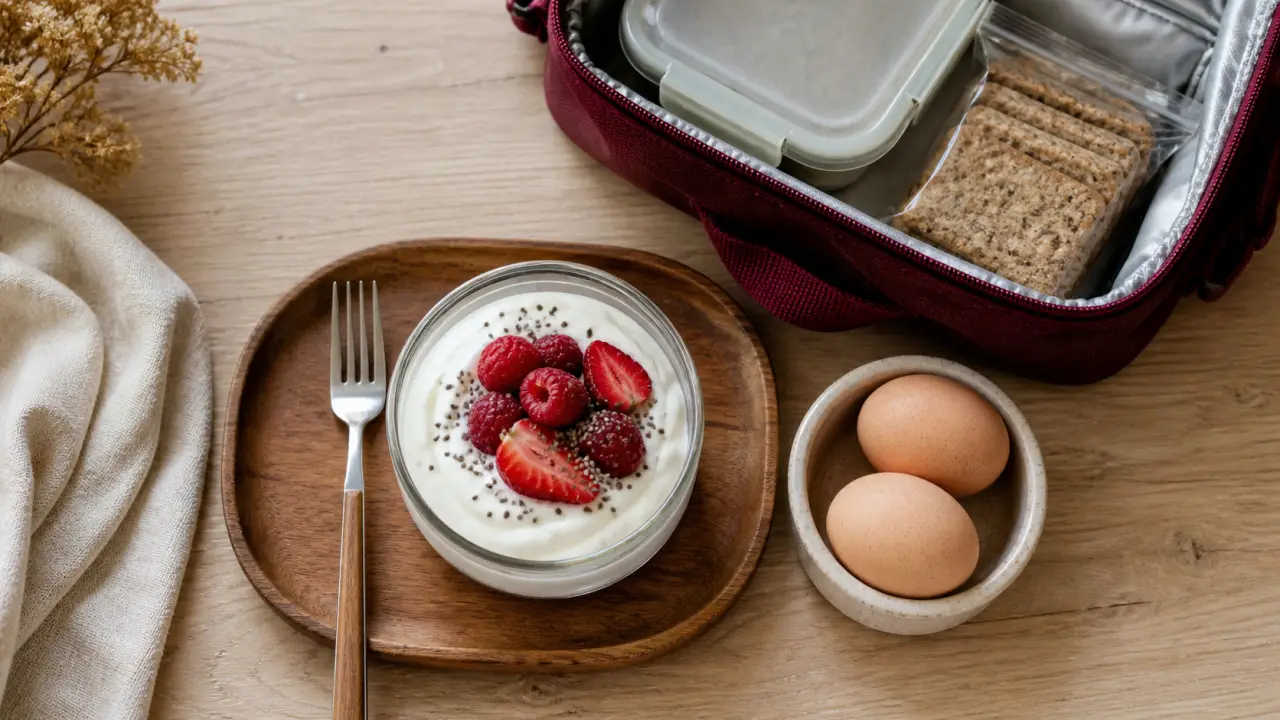 En cas protéiné : yaourt grec, fruits rouges, graines de chia et œufs durs