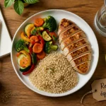 Diététique : repas équilibré avec légumes, riz et poulet
