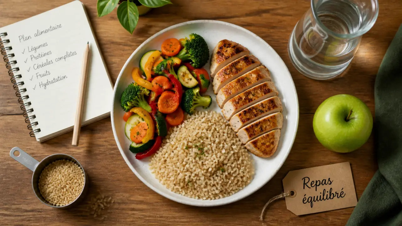 Diététique : repas équilibré avec légumes, riz et poulet