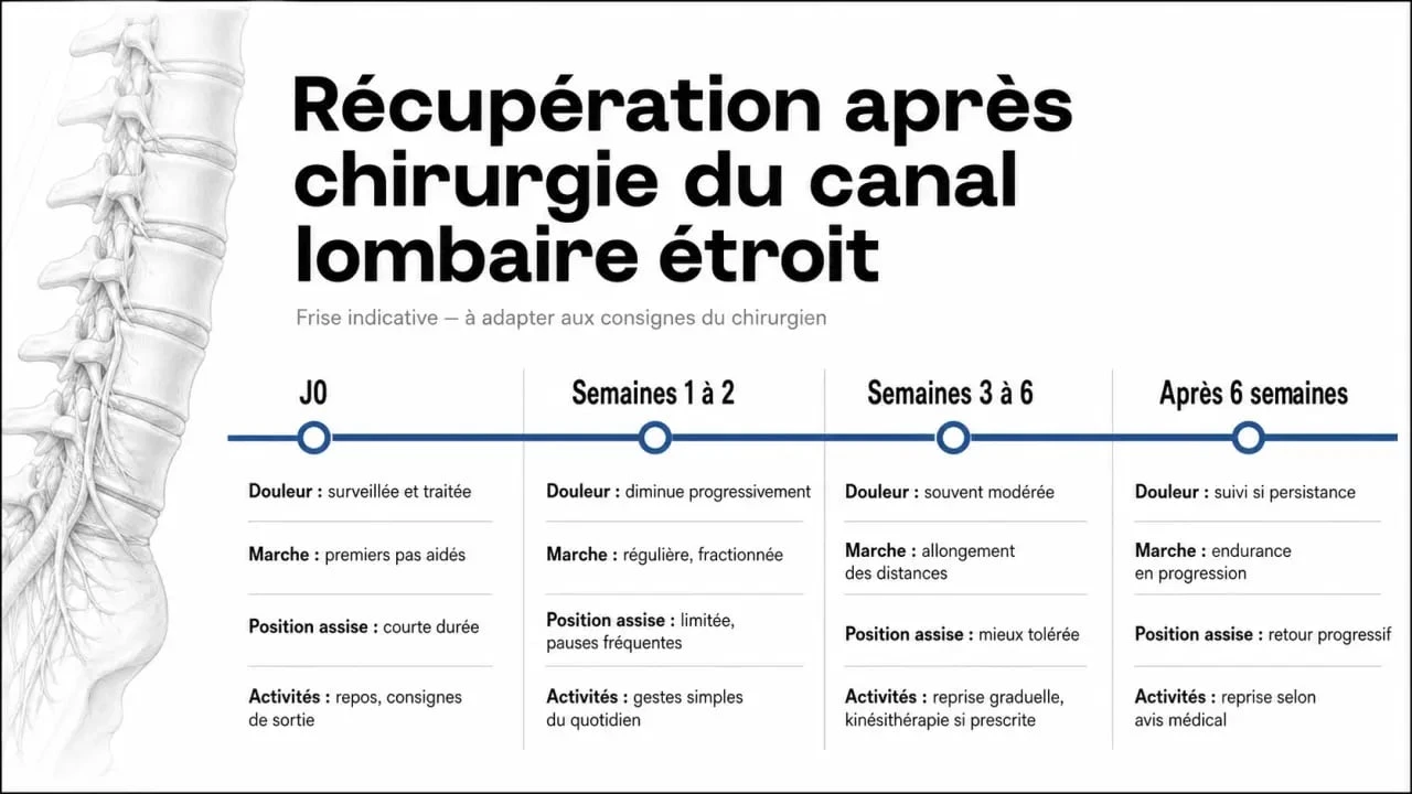 Séquelles après opération canal lombaire étroit : frise de récupération postopératoire