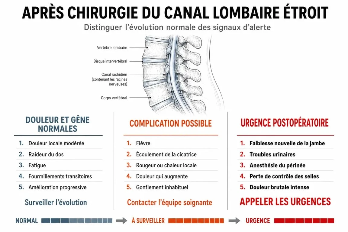 Séquelles après opération canal lombaire étroit : comparaison des douleurs normales et des signes d’alerte