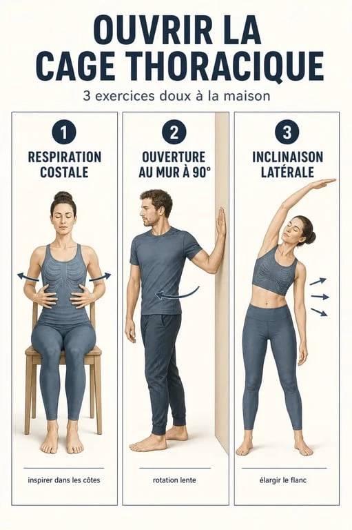 Exercice ouverture cage thoracique en trois étapes avec respiration costale, ouverture au mur et inclinaison latérale
