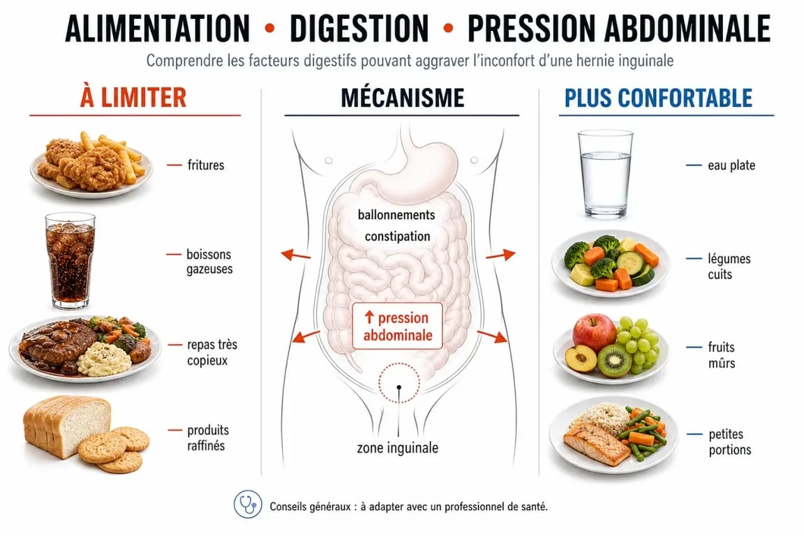 Hernie inguinale aliments à éviter : schéma sur les aliments qui augmentent les ballonnements et la pression abdominale