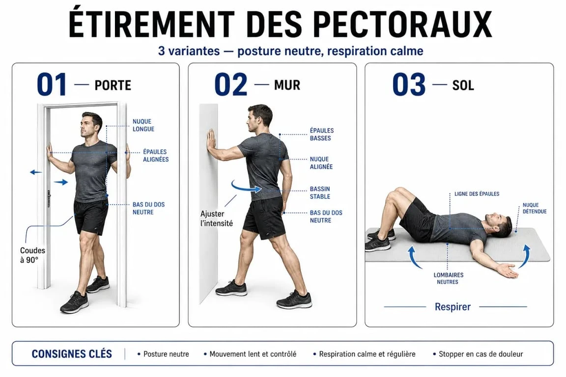 Étirement pectoraux en trois variantes avec porte, mur et sol pour ouvrir la poitrine en gardant les épaules basses