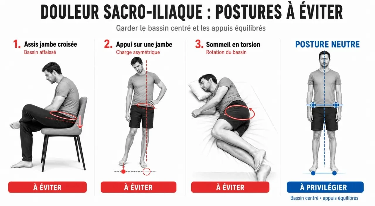 Dysfonction sacro iliaque posture à éviter : schéma des positions asymétriques du bassin au bureau, debout et au sommeil