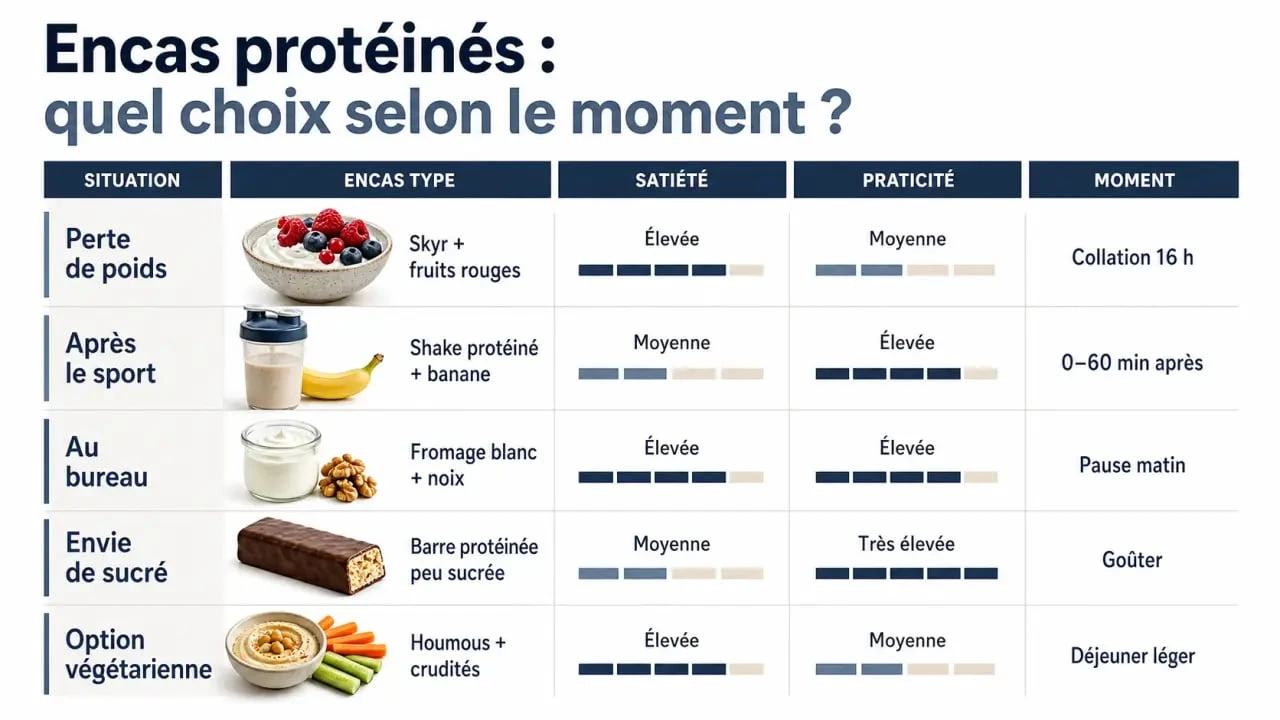 Infographie encas protéiné : choisir selon la perte de poids, le sport ou le bureau