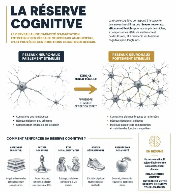 Infographie sur la réserve cognitive et l'exercice cognitif pour le cerveau