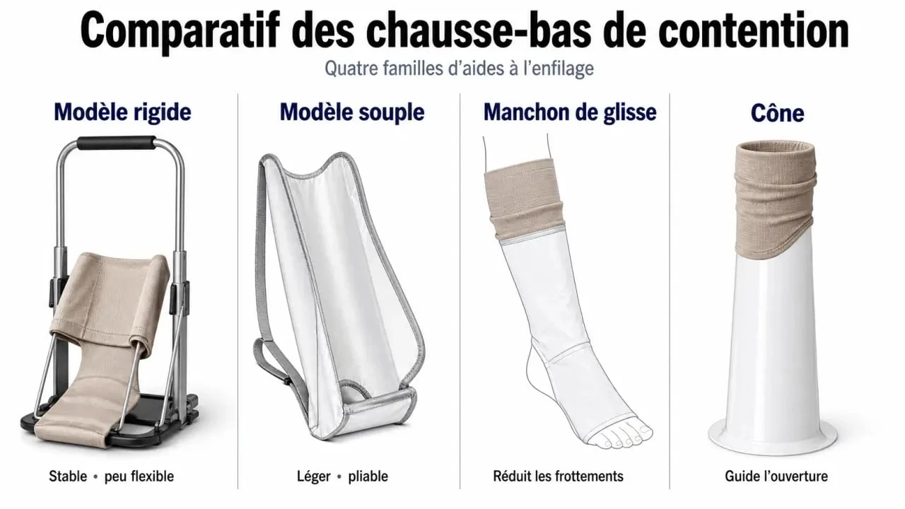 Comparaison des types de chausse bas de contention : rigide, souple, manchon et cône