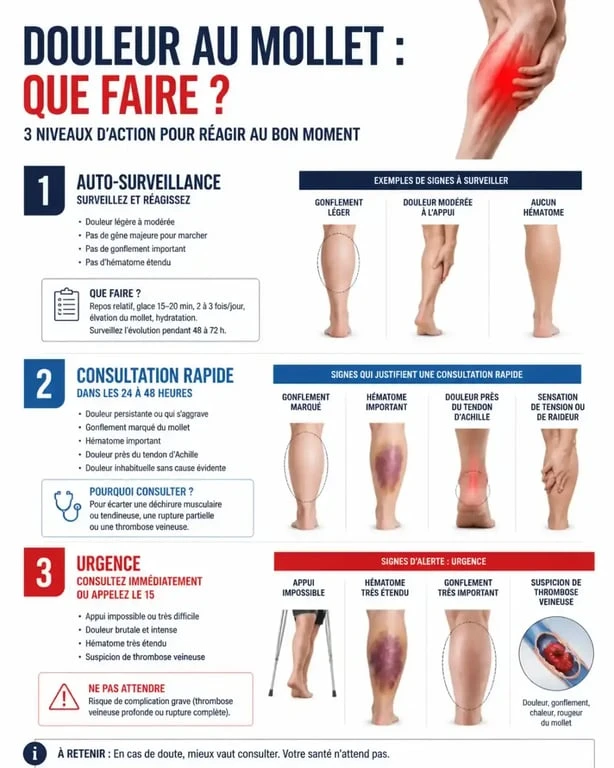 Infographie des symptomes claquage mollet et des signes qui imposent de consulter