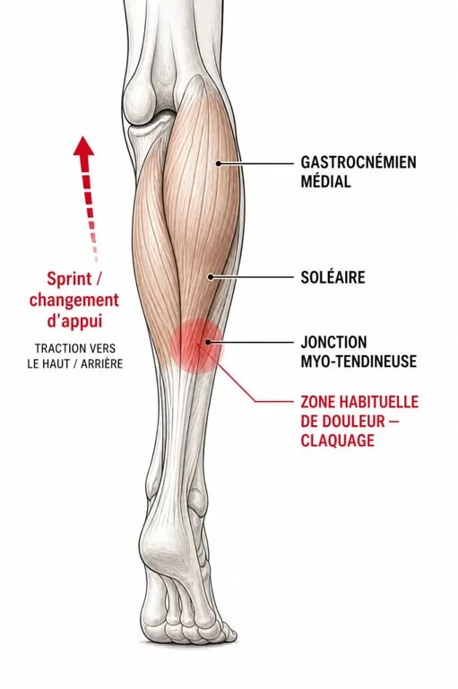 Schéma des symptomes claquage mollet avec zones de douleur et muscles touchés