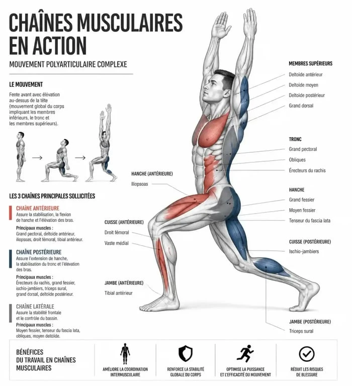 Schéma des chaînes musculaires sollicitées par les exercices polyarticulaires