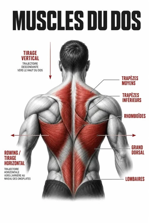 Exercice du dos musculation : schéma des muscles ciblés pendant les tractions, le rowing et les tirages