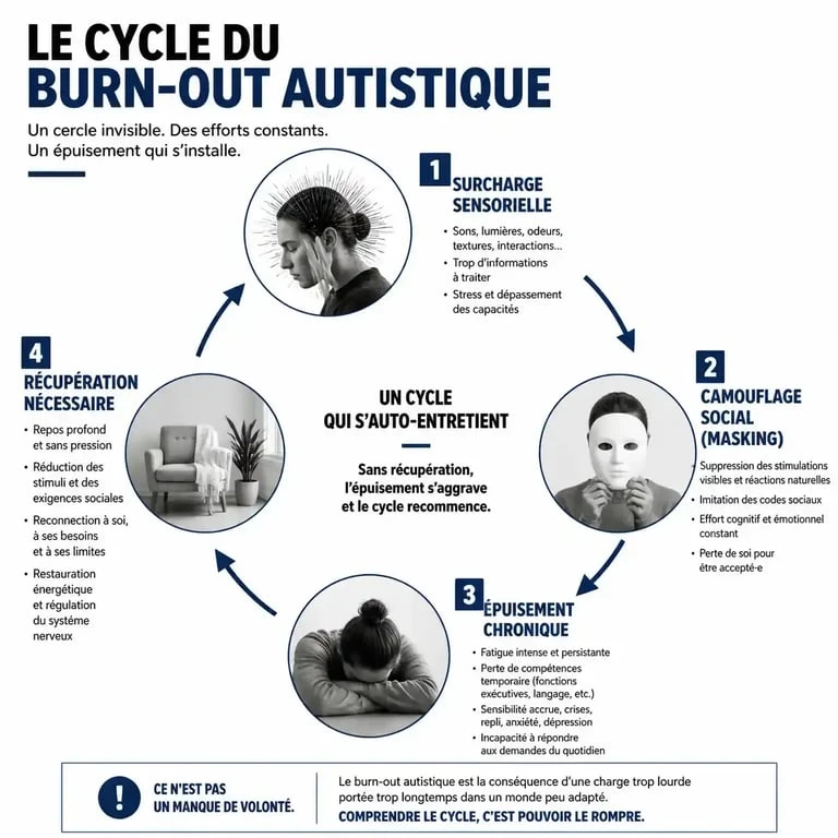Schéma illustrant le cycle du burn-out autistique et l'impact du masking sur l'épuisement.