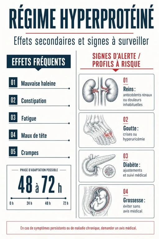 Régime hyperprotéiné effets secondaires : infographie des symptômes fréquents, causes et signes d’alerte