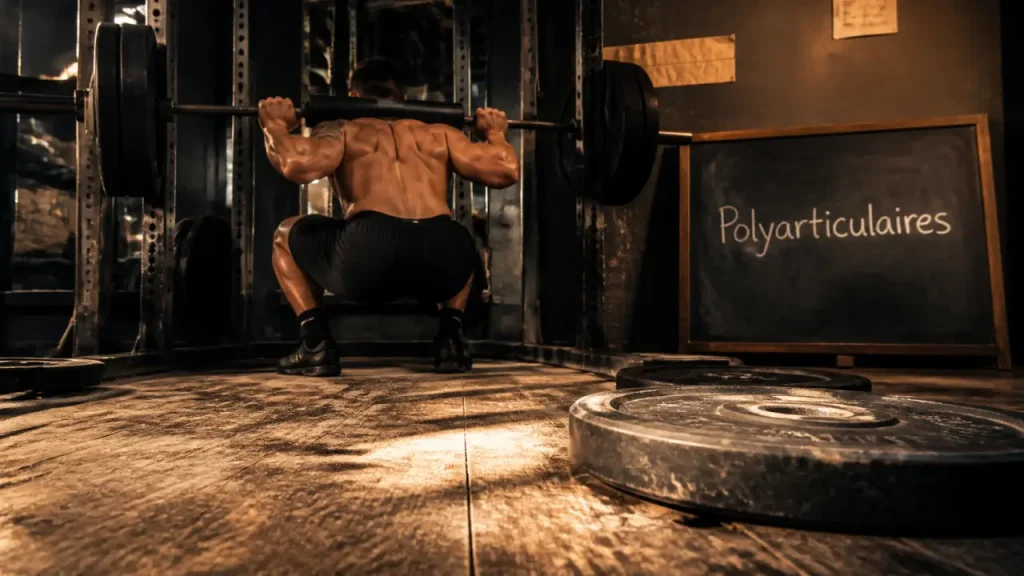 Exercices polyarticulaires : athlète en squat lourd sur rack