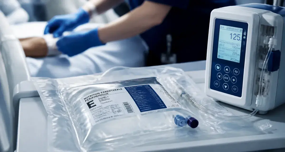 Alimentation parentérale : poche de nutrition et tubulure en hôpital