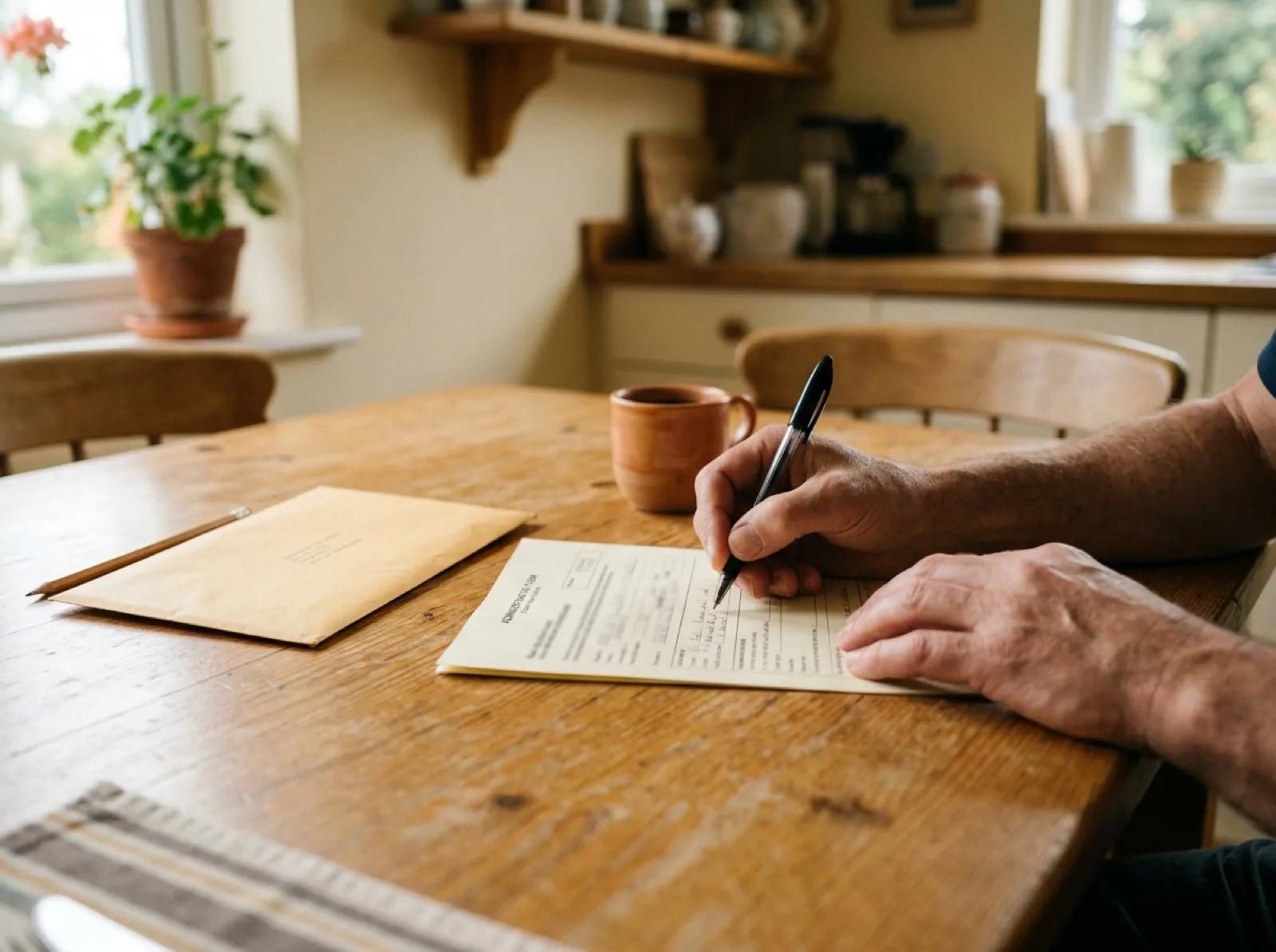 Des mains qui remplissent un formulaire papier à côté d'une enveloppe