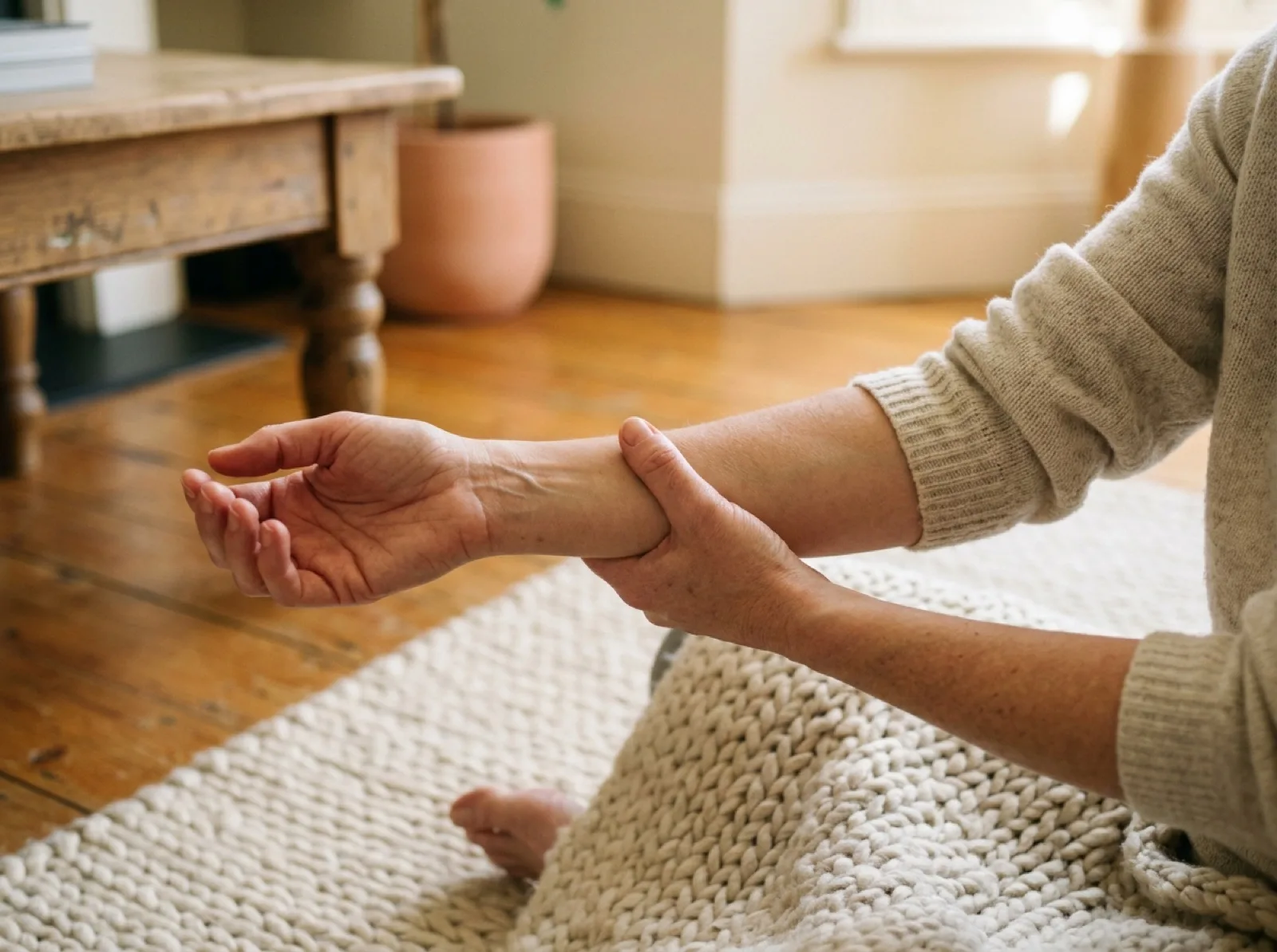 Deux mains qui accompagnent un étirement doux du bras, assis sur un tapis