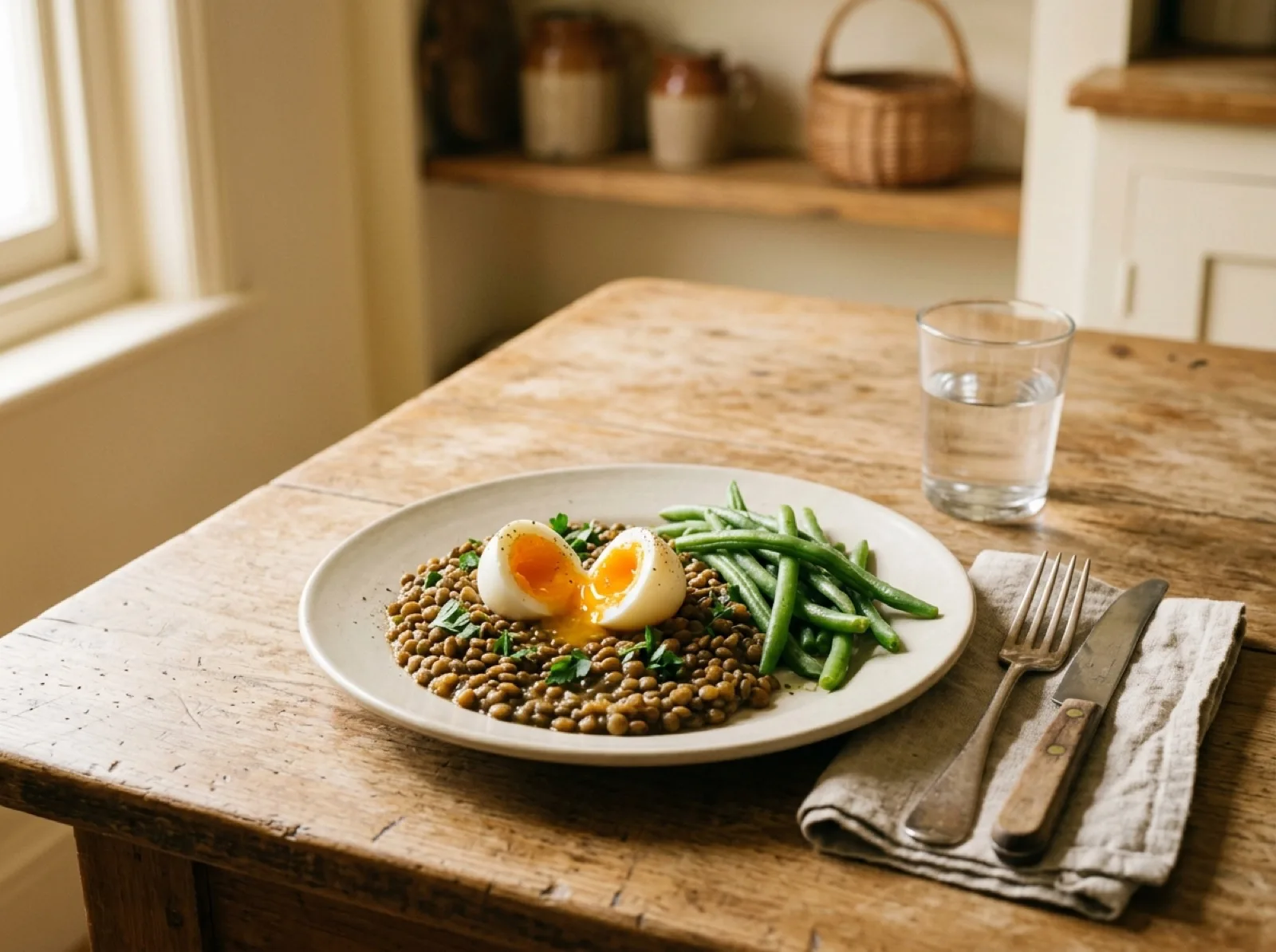 Une assiette de lentilles, un œuf et des haricots verts sur une table de cuisine