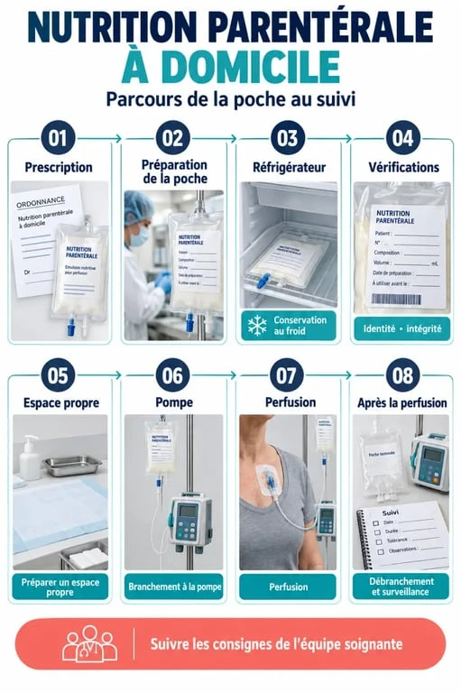 Parcours de la nutrition parentérale à domicile, de la conservation de la poche à la surveillance