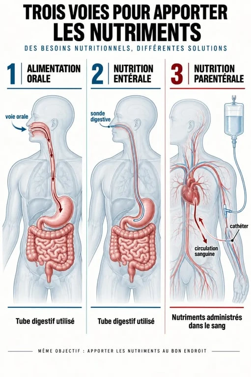 Infographie sur l’alimentation parentérale et les différences avec la nutrition orale et entérale