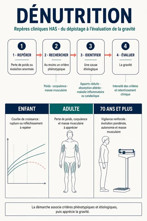 Infographie des critères HAS de la dénutrition chez l’enfant, l’adulte et la personne âgée