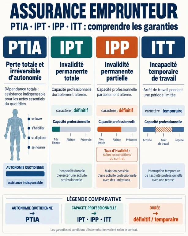 Infographie comparative des garanties PTIA, IPT, IPP et ITT liées à la perte totale et irréversible d’autonomie