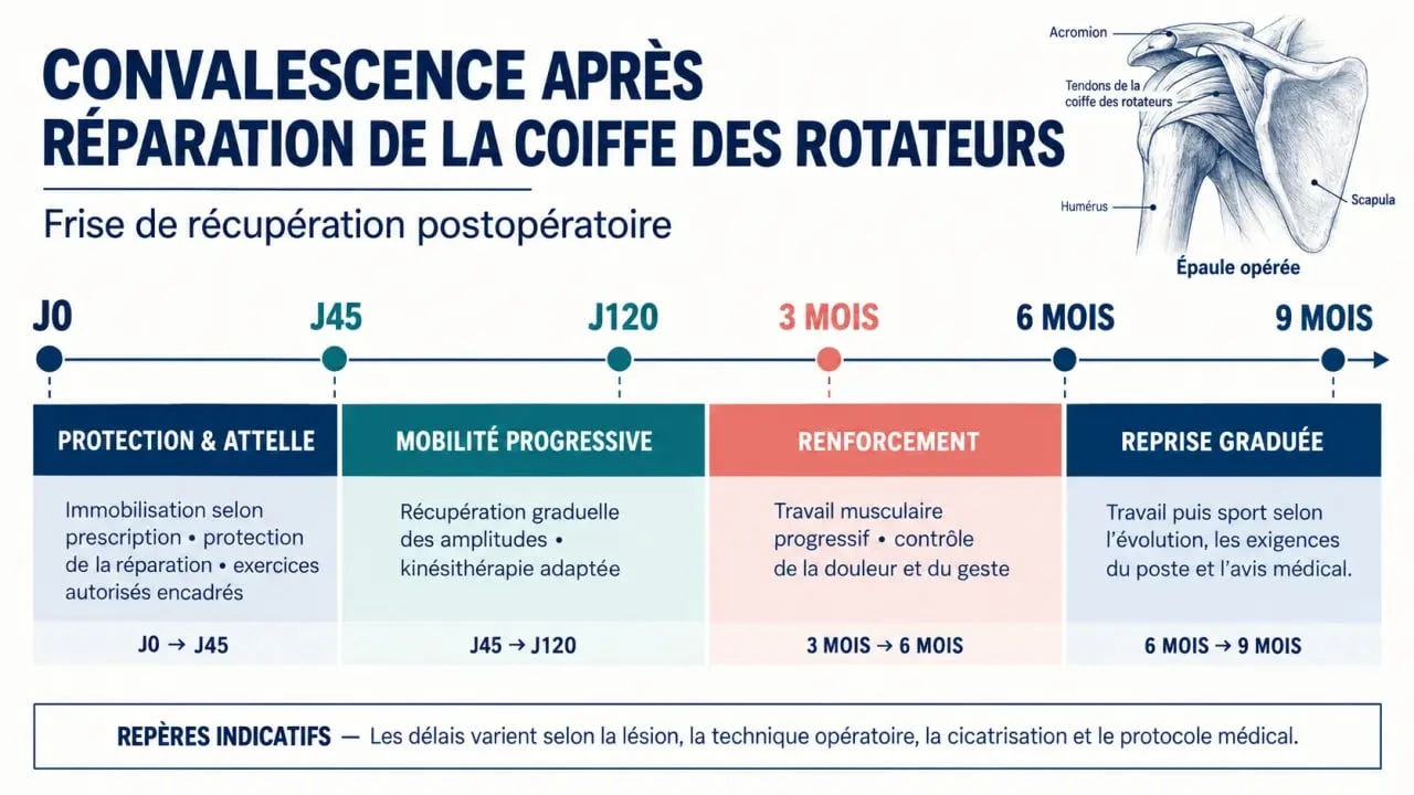 Frise de la convalescence après opération de la coiffe des rotateurs de J0 à 9 mois