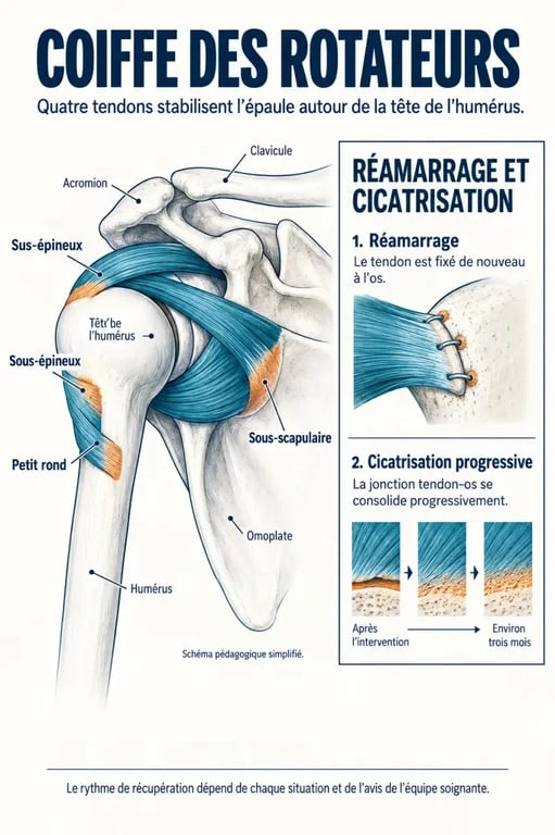 Schéma des quatre tendons pendant la convalescence après opération de la coiffe des rotateurs