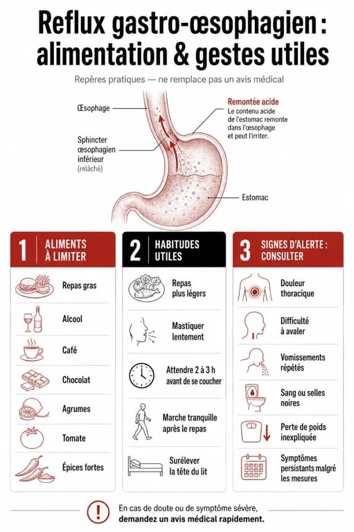 Infographie alimentation et rgo : aliments à limiter, habitudes utiles et signes d’alerte