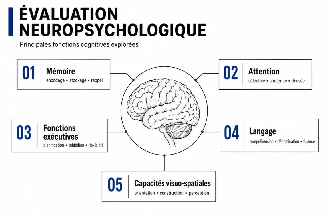 Synthèse des fonctions cognitives évaluées lors d'un bilan neuropsychologique