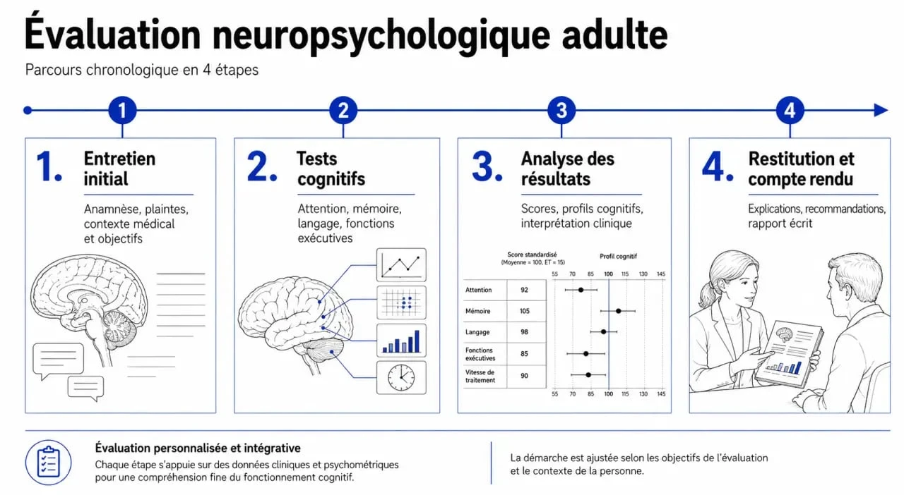 Infographie des étapes d'un bilan neuropsychologique adulte