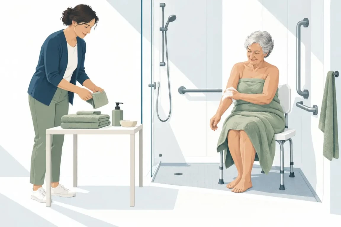 Aide à la toilette à domicile dans une salle de bain sécurisée et respectueuse
