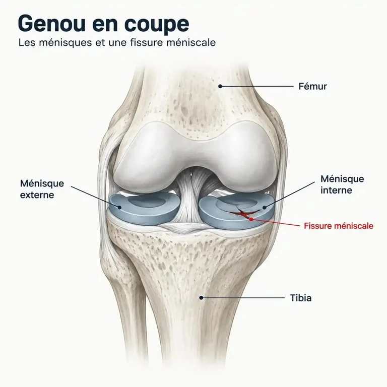 Schéma anatomique du genou montrant un ménisque fissuré entre fémur et tibia