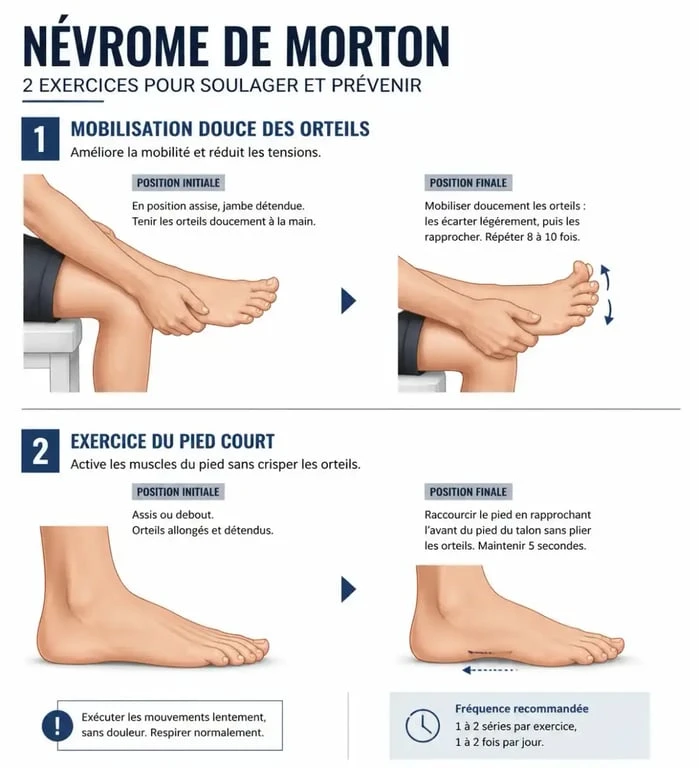 Illustration des exercices pour névrome de Morton avec mobilisation des orteils et pied court