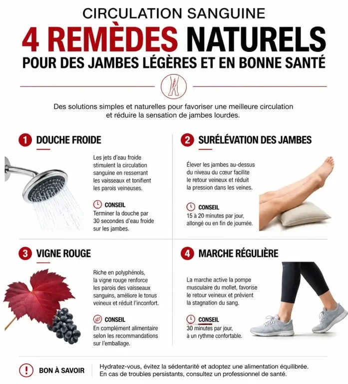 Synthèse visuelle des remèdes de grand-mère pour la circulation du sang et le confort des jambes