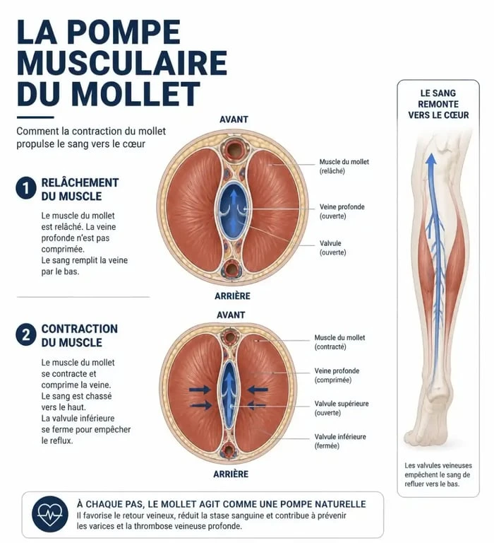 Infographie expliquant le mécanisme de la pompe musculaire du mollet pour améliorer la circulation du sang et soulager les jambes lourdes