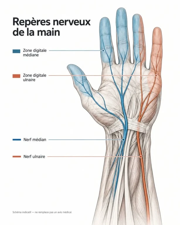 Fourmillement dans les mains la nuit : schéma des nerfs médian et ulnaire et des doigts concernés