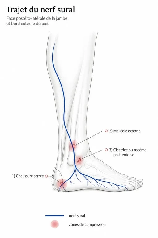 Schéma de douleur pied exterieur nerf sural avec trajet du nerf et points de compression