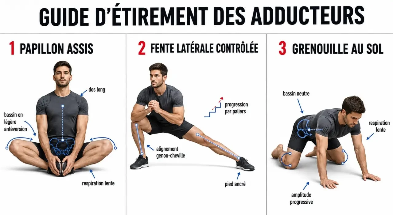 adducteur etirement : papillon, fente latérale et grenouille en positions guidées