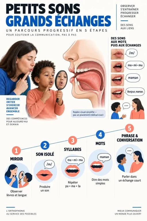 Exercices orthophoniques avec miroir et progression du son isolé à la conversation