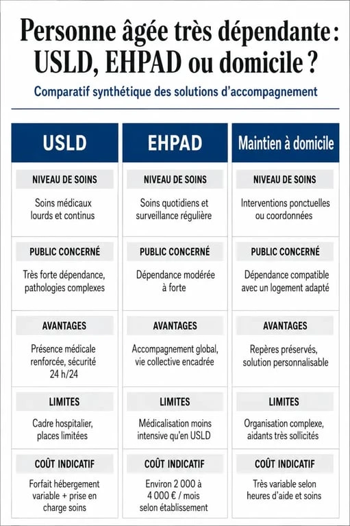 USLD avantages et inconvénients : infographie comparative entre USLD, EHPAD et maintien à domicile