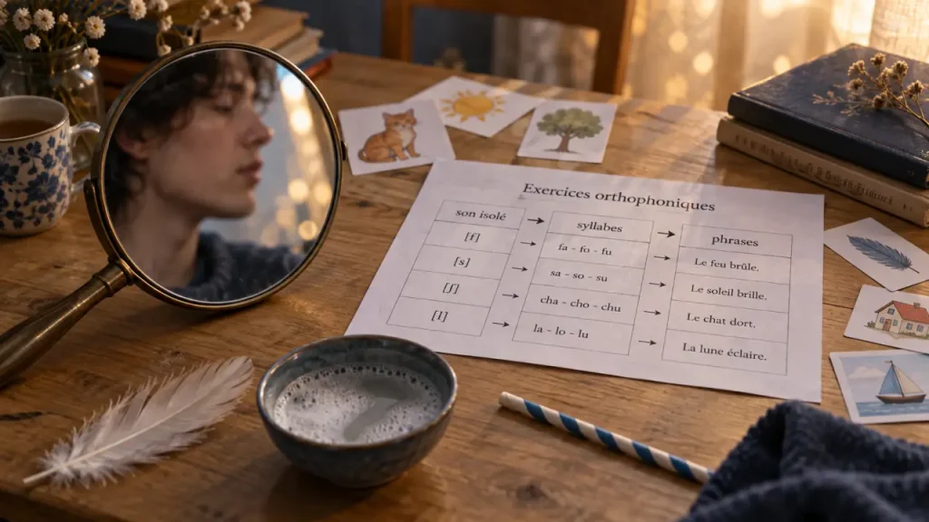 Les exercices orthophoniques progressent du son isolé à la conversation, avec un suivi adapté