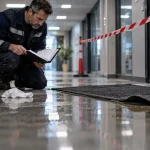 Chute de plain pieds : couloir humide avec zone balisée et responsable HSE