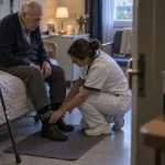 Chute en EHPAD : résident au sol aidé par infirmière
