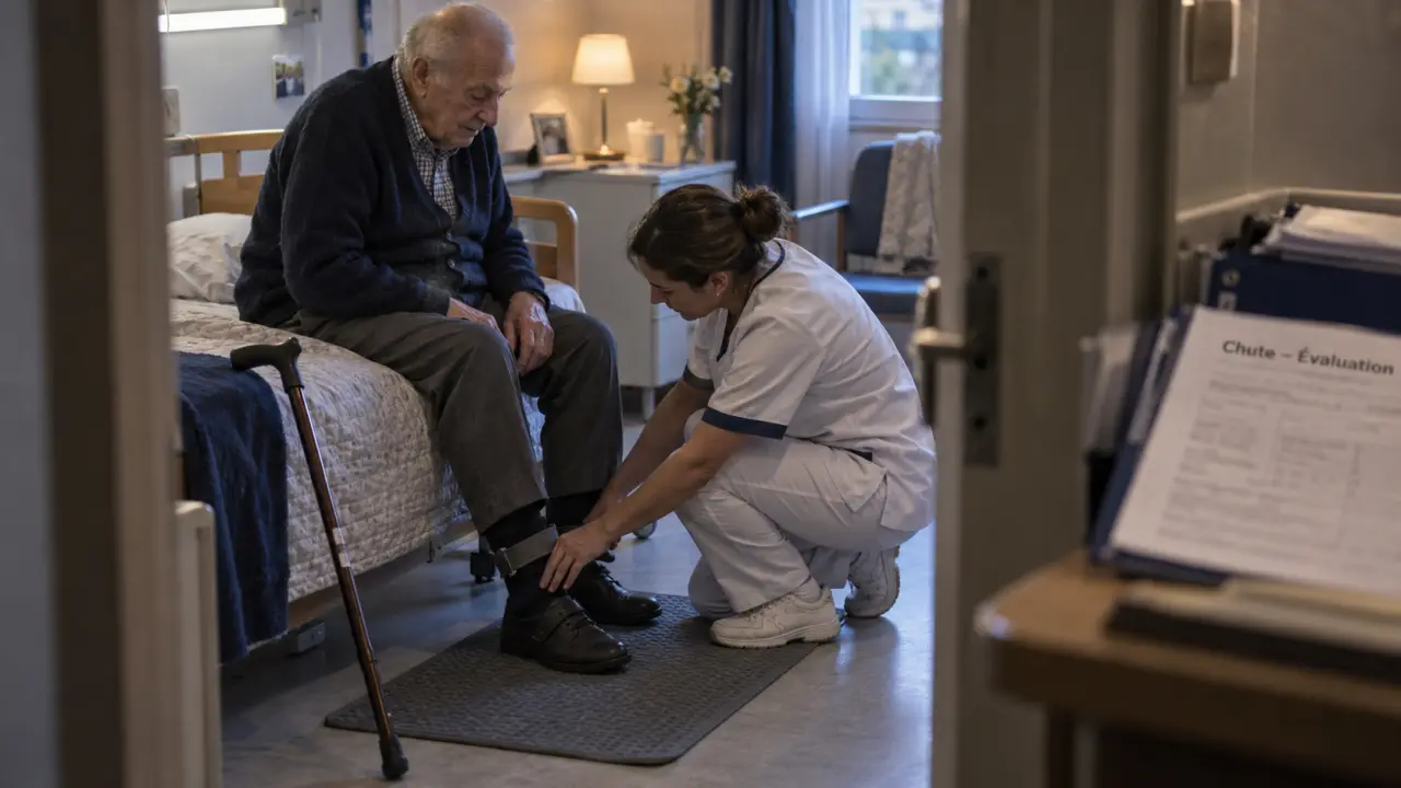 Chute en EHPAD : résident au sol aidé par infirmière