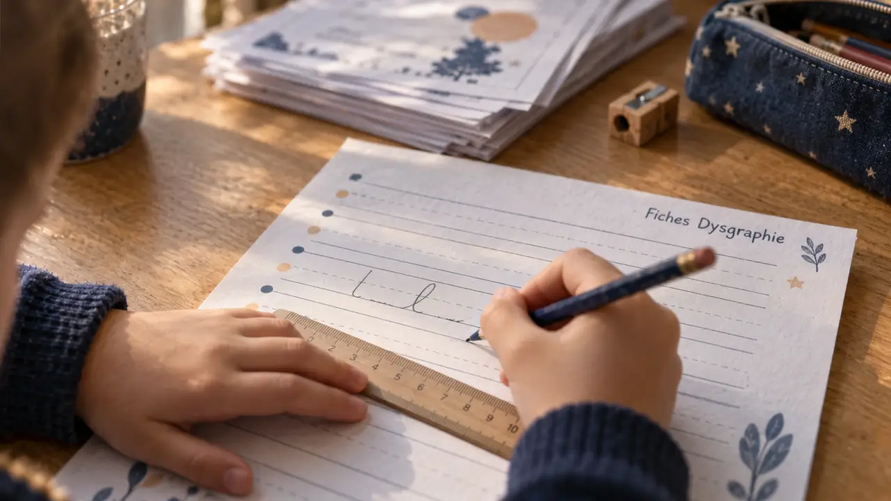Fiches dysgraphie exercices pdf à imprimer, repères et crayon sur bureau