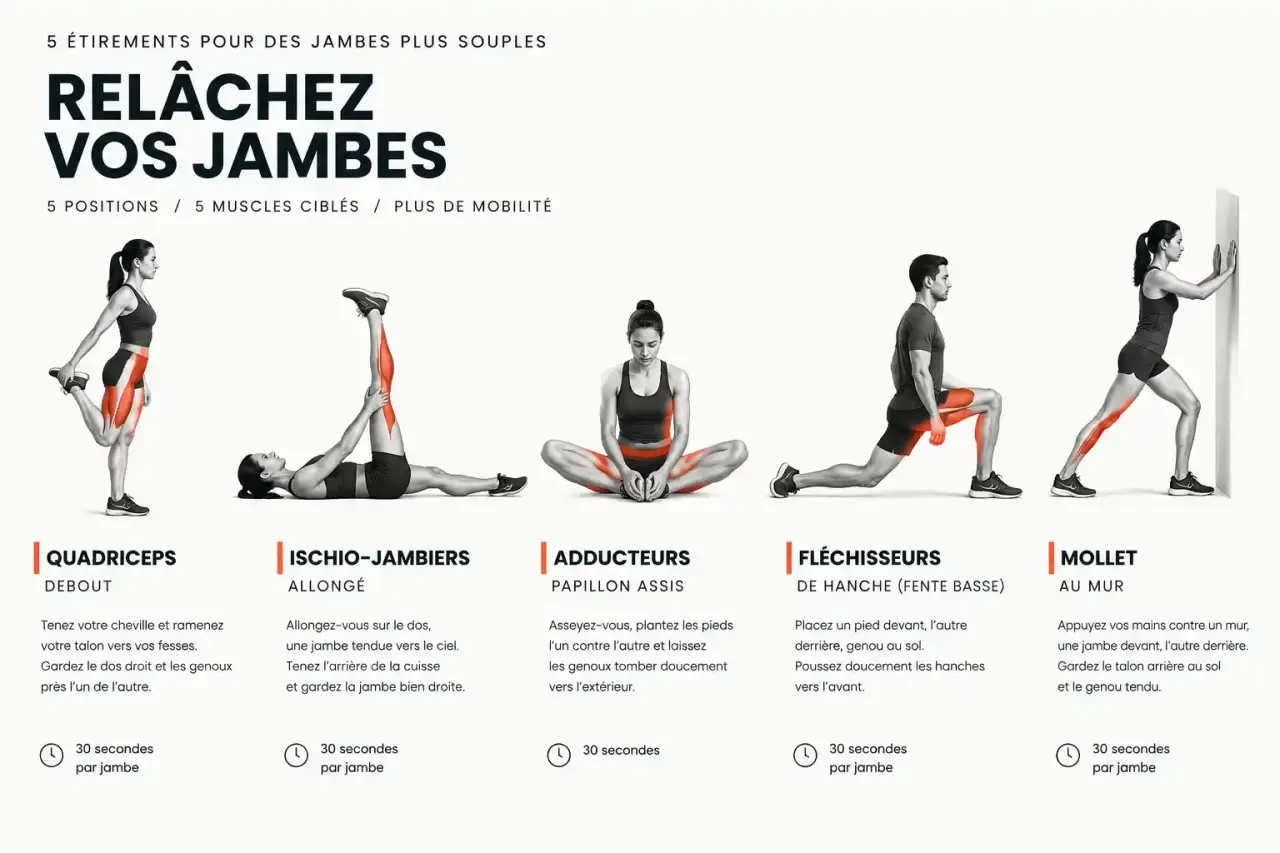 Schéma des étirements jambes : cinq positions avec le muscle ciblé surligné pour chaque exercice