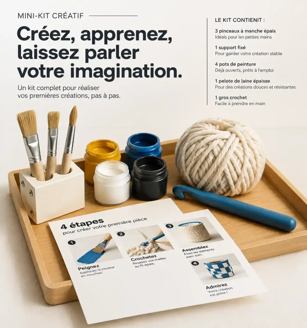 Kit de loisirs créatifs adaptés pour personnes handicapées, prêt à l'emploi sur un plateau avec matériel ergonomique