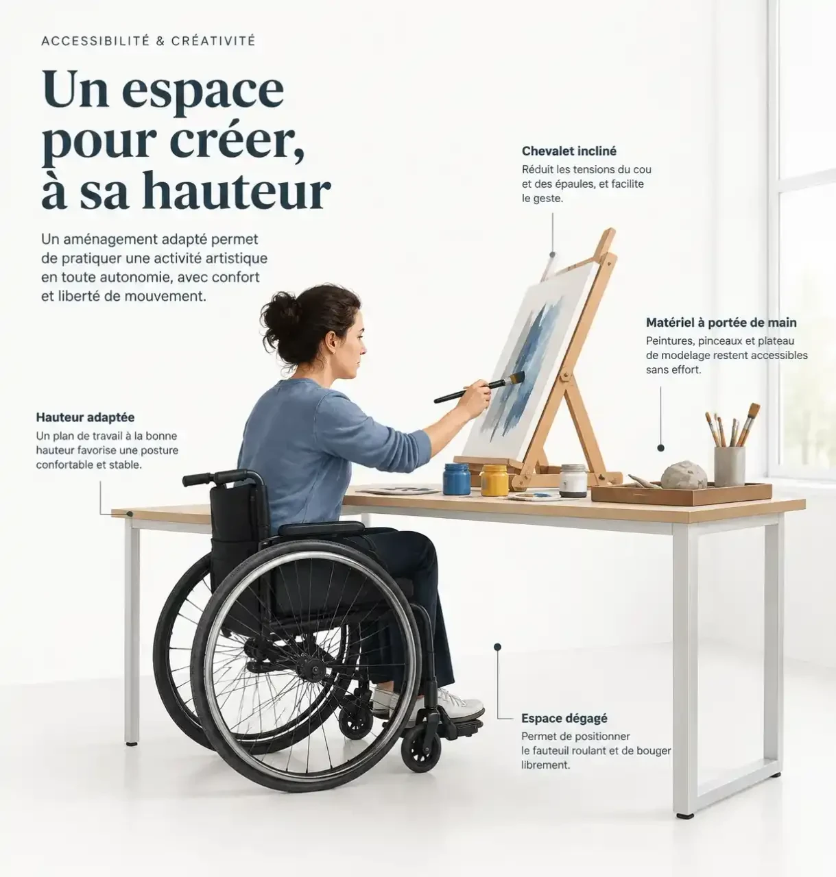 Loisirs créatifs pour personnes handicapées : atelier de peinture adapté avec plan de travail accessible et pinceau à manche épais